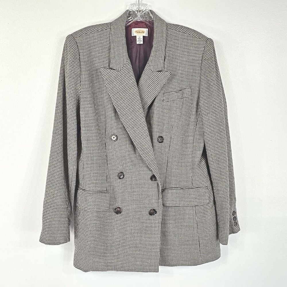 Talbots Double Breasted Houndstooth Blazer Womens Size 10 Vintage Brown Ivory